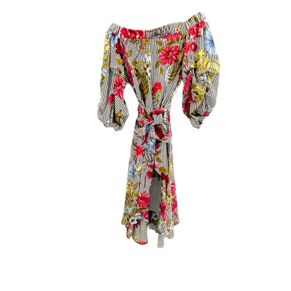 NWT Gracia Floral Striped Off Shoulder Midi Dress with a High-Low Hem.  Size S